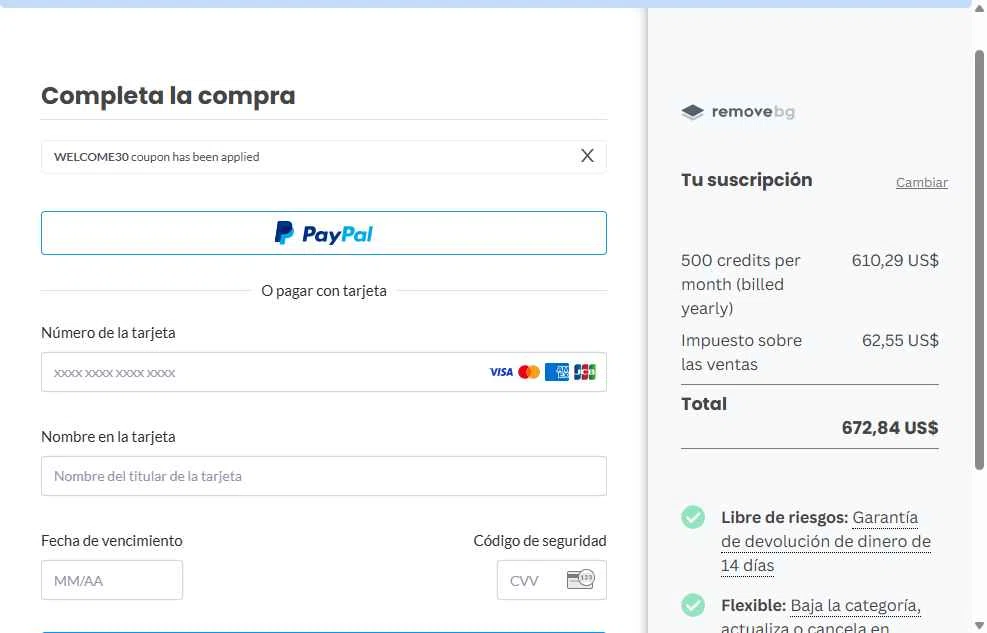 Remove.bg checkout page showing Remove.bg promo code box | Screenshot taken by SimplyCodes community member on Jan 10, 2026
