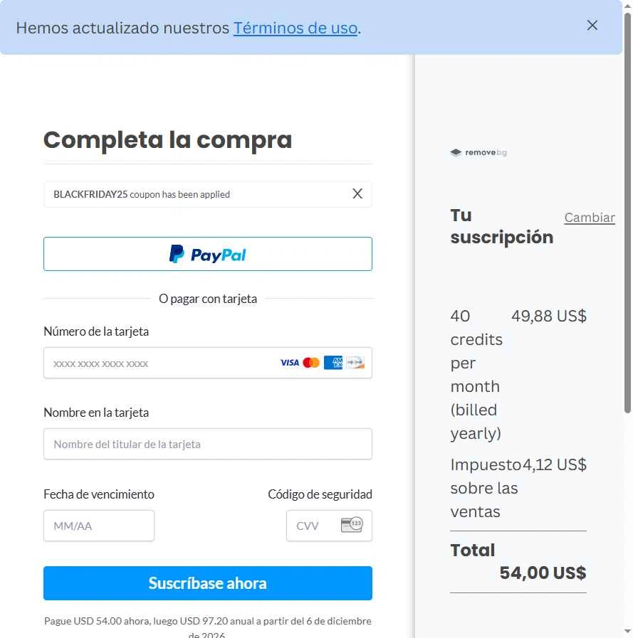 Remove.bg checkout page showing Remove.bg promo code box | Screenshot taken by SimplyCodes community member on Dec 6, 2025