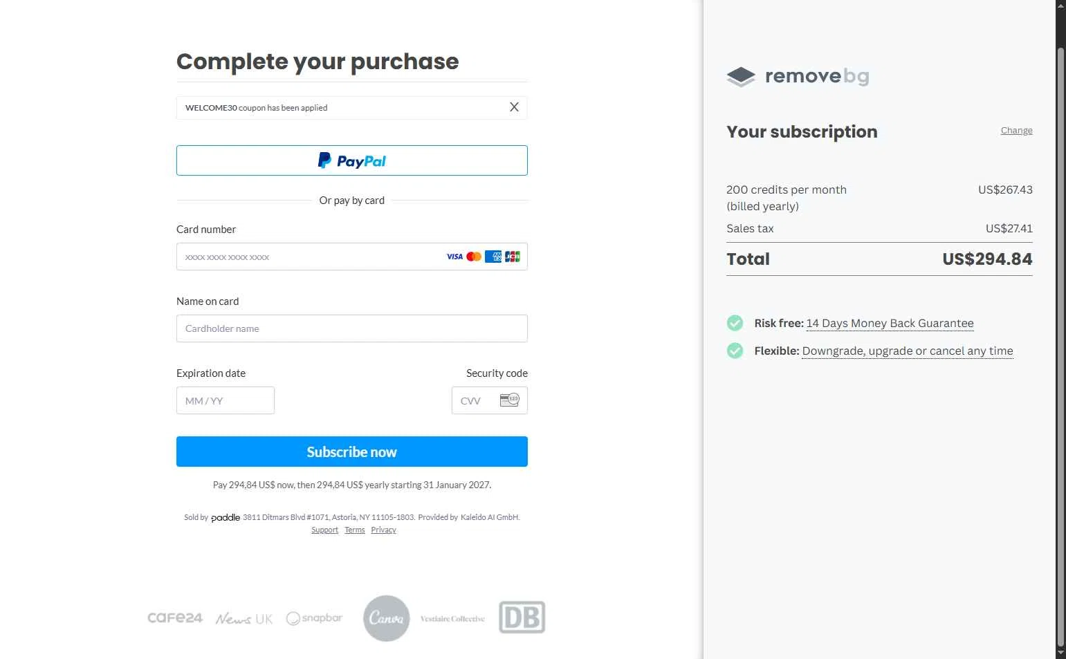 Remove.bg checkout page showing Remove.bg promo code box | Screenshot taken by SimplyCodes community member on Jan 31, 2026