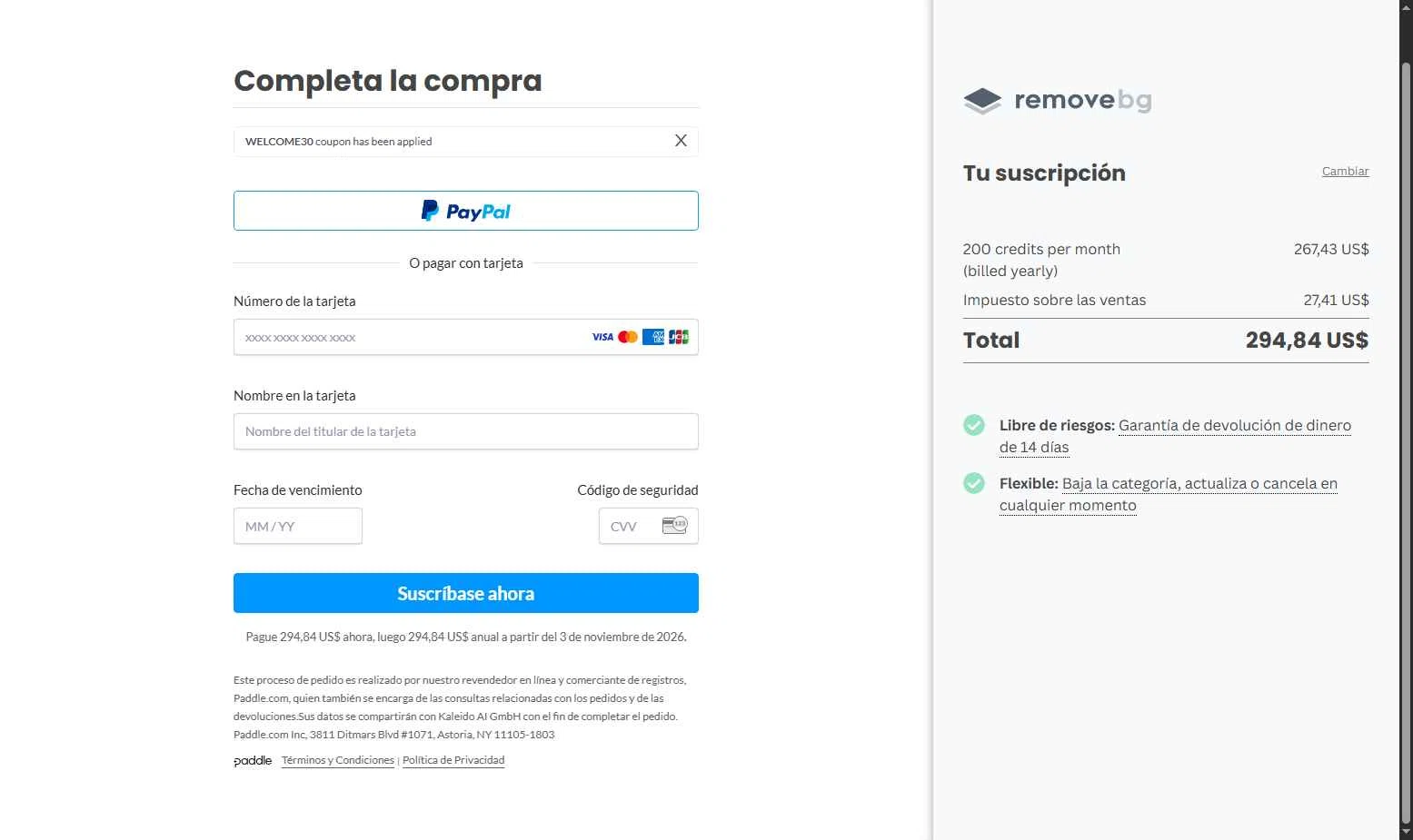 Remove.bg checkout page showing Remove.bg promo code box | Screenshot taken by SimplyCodes community member on Nov 3, 2025