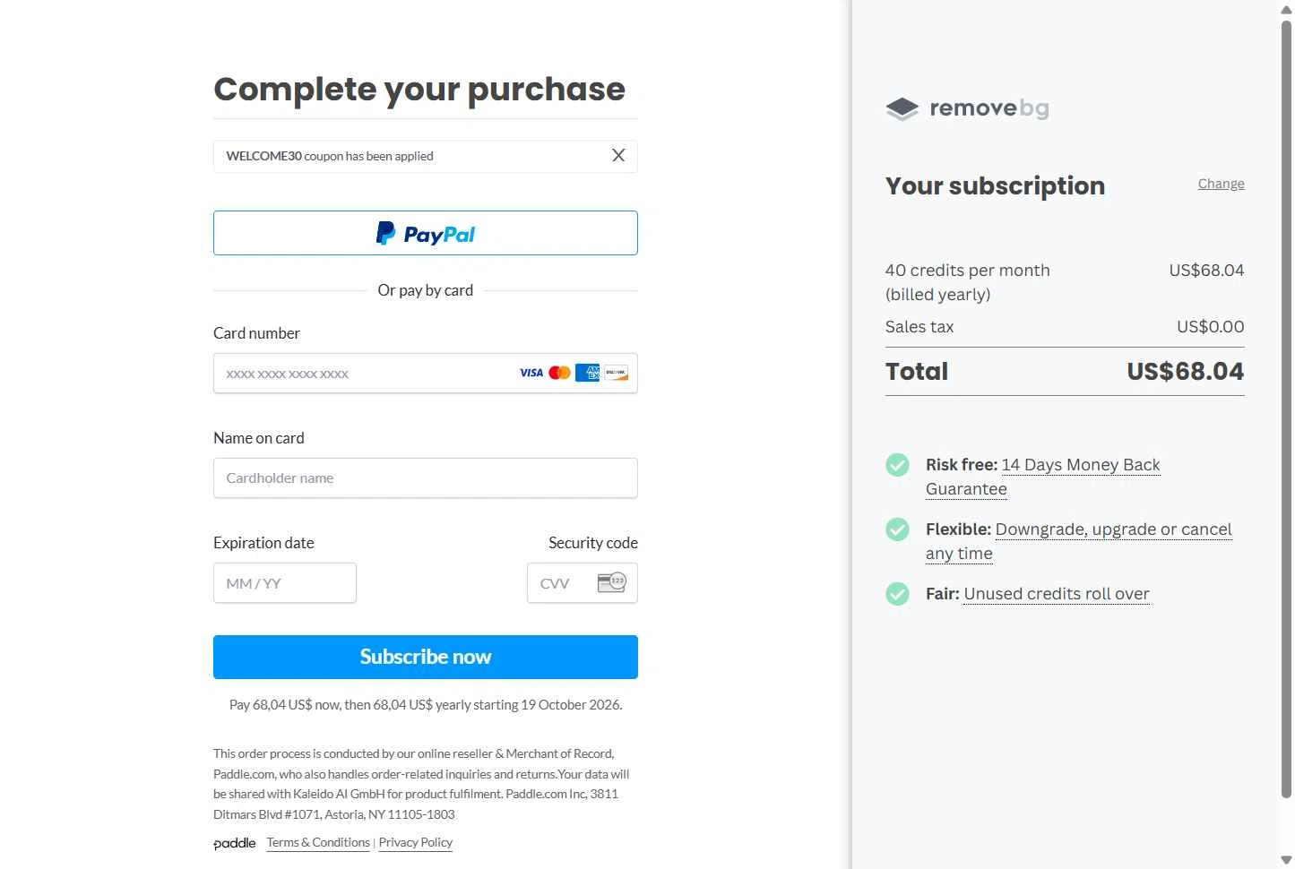 Remove.bg checkout page showing Remove.bg promo code box | Screenshot taken by SimplyCodes community member on Oct 19, 2025