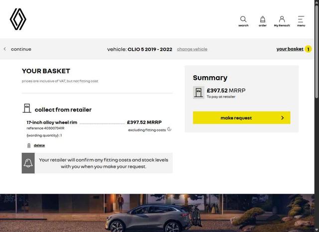 Renault checkout page showing Renault promo code box | Screenshot taken by SimplyCodes community member on Jul 23, 2025