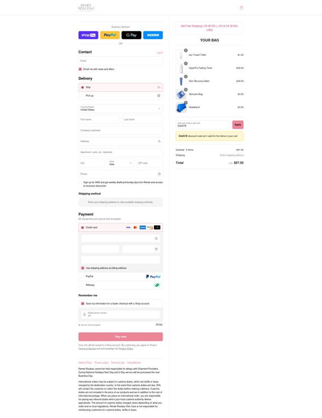Renee Rouleau checkout page showing Renee Rouleau discount code box | Screenshot taken by SimplyCodes community member on Aug 11, 2025