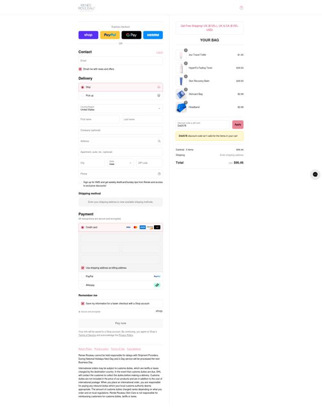 Renee Rouleau checkout page showing Renee Rouleau discount code box | Screenshot taken by SimplyCodes community member on Sep 7, 2025