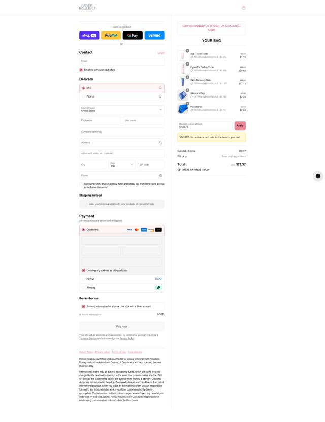 Renee Rouleau checkout page showing Renee Rouleau discount code box | Screenshot taken by SimplyCodes community member on Aug 27, 2025
