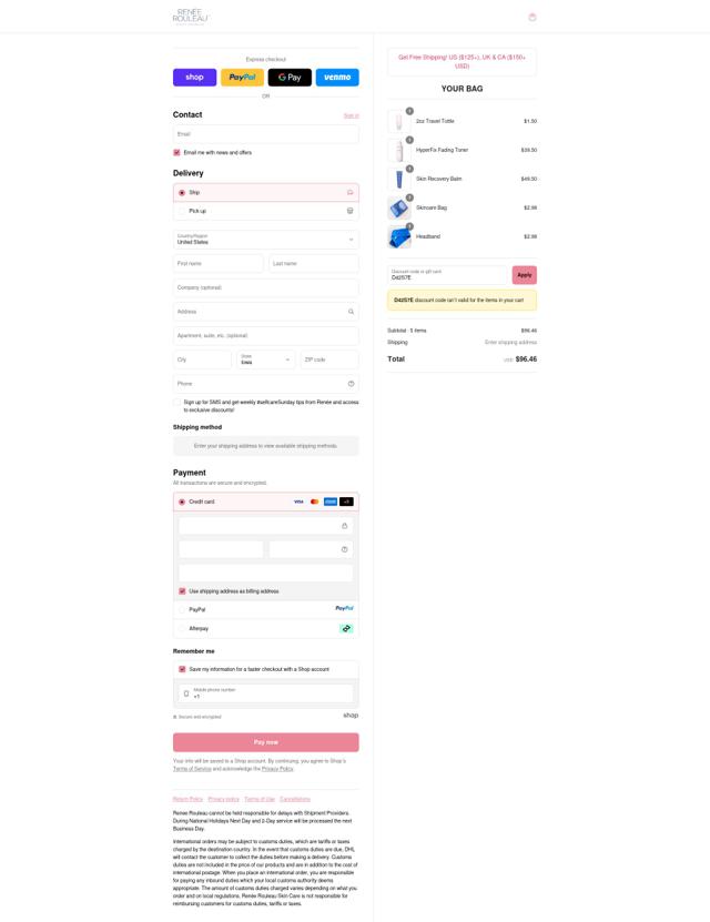 Renee Rouleau checkout page showing Renee Rouleau discount code box | Screenshot taken by SimplyCodes community member on Sep 12, 2025