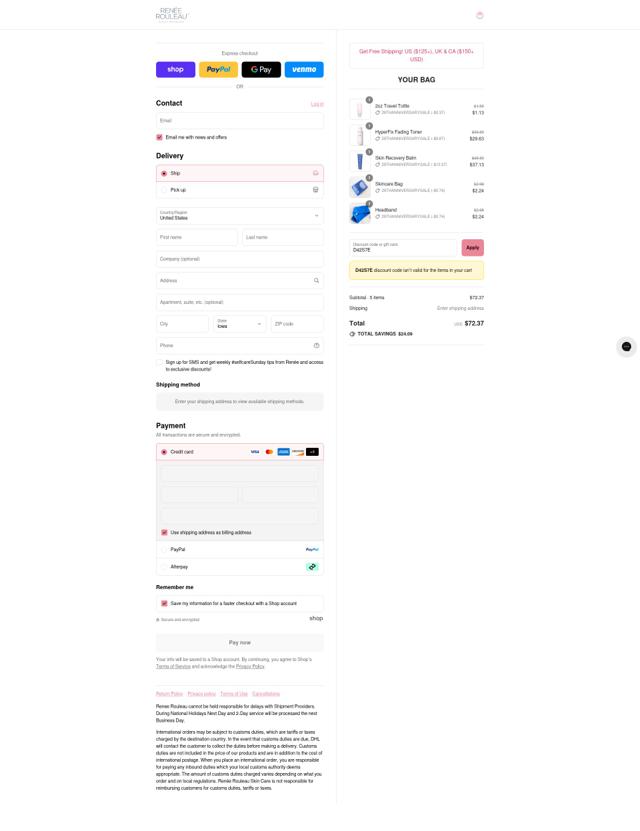 Renee Rouleau checkout page showing Renee Rouleau discount code box | Screenshot taken by SimplyCodes community member on Sep 4, 2025