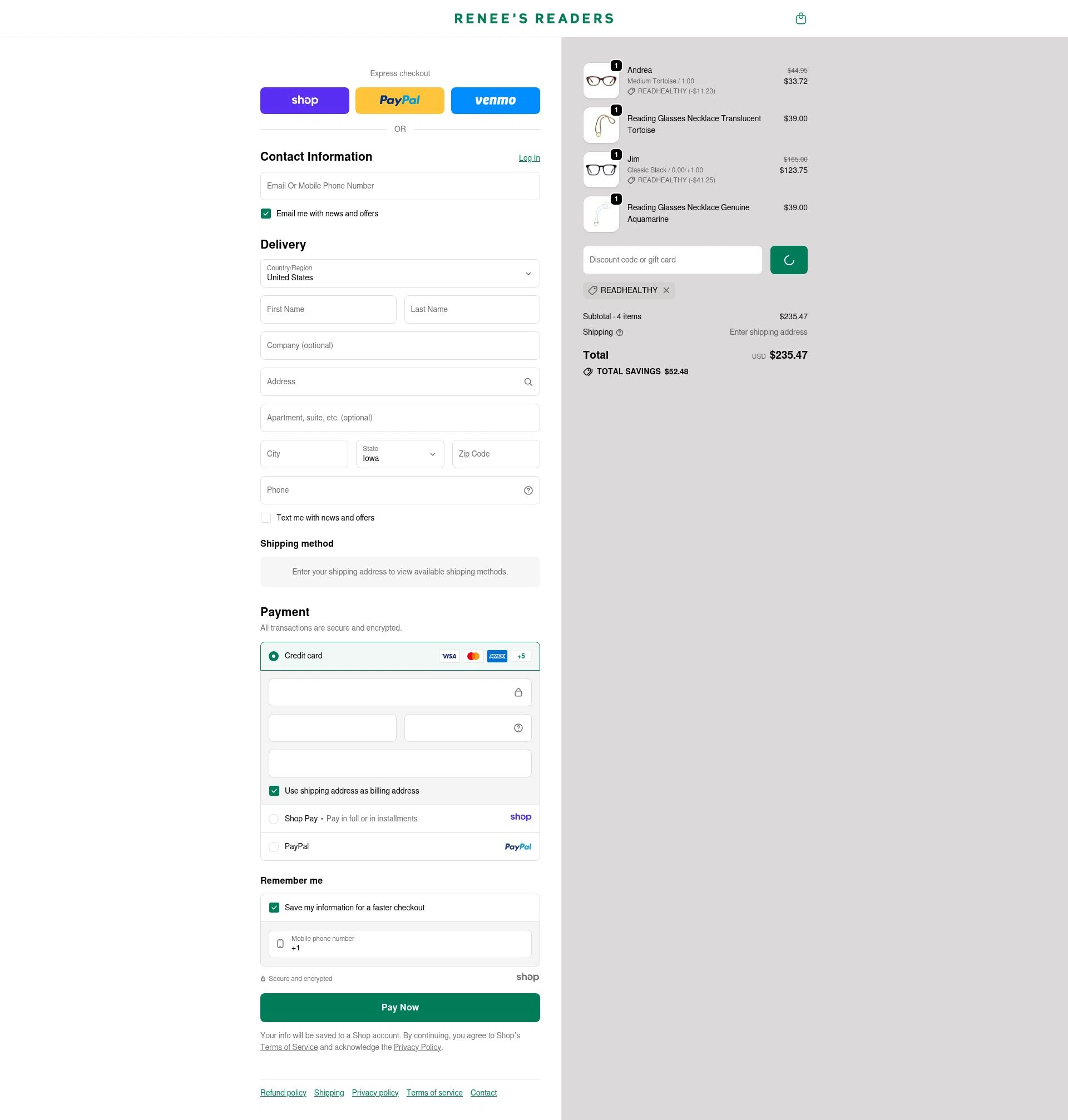 Renee's Readers checkout page showing Renee's Readers promo code box | Screenshot taken by SimplyCodes community member on Jan 5, 2026