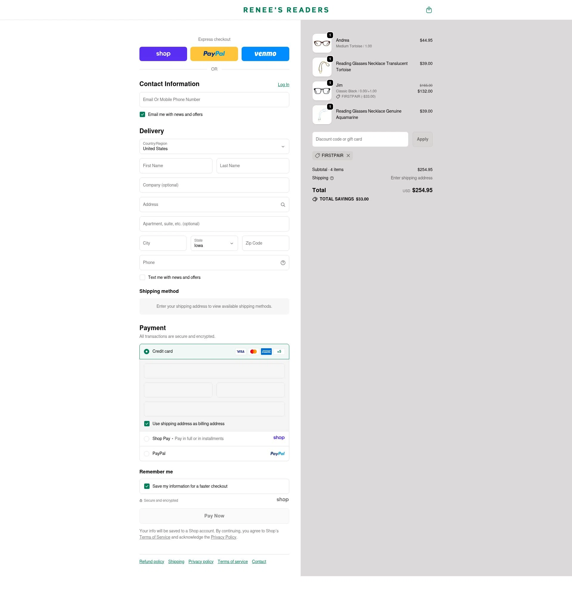 Renee's Readers checkout page showing Renee's Readers promo code box | Screenshot taken by SimplyCodes community member on Jan 5, 2026