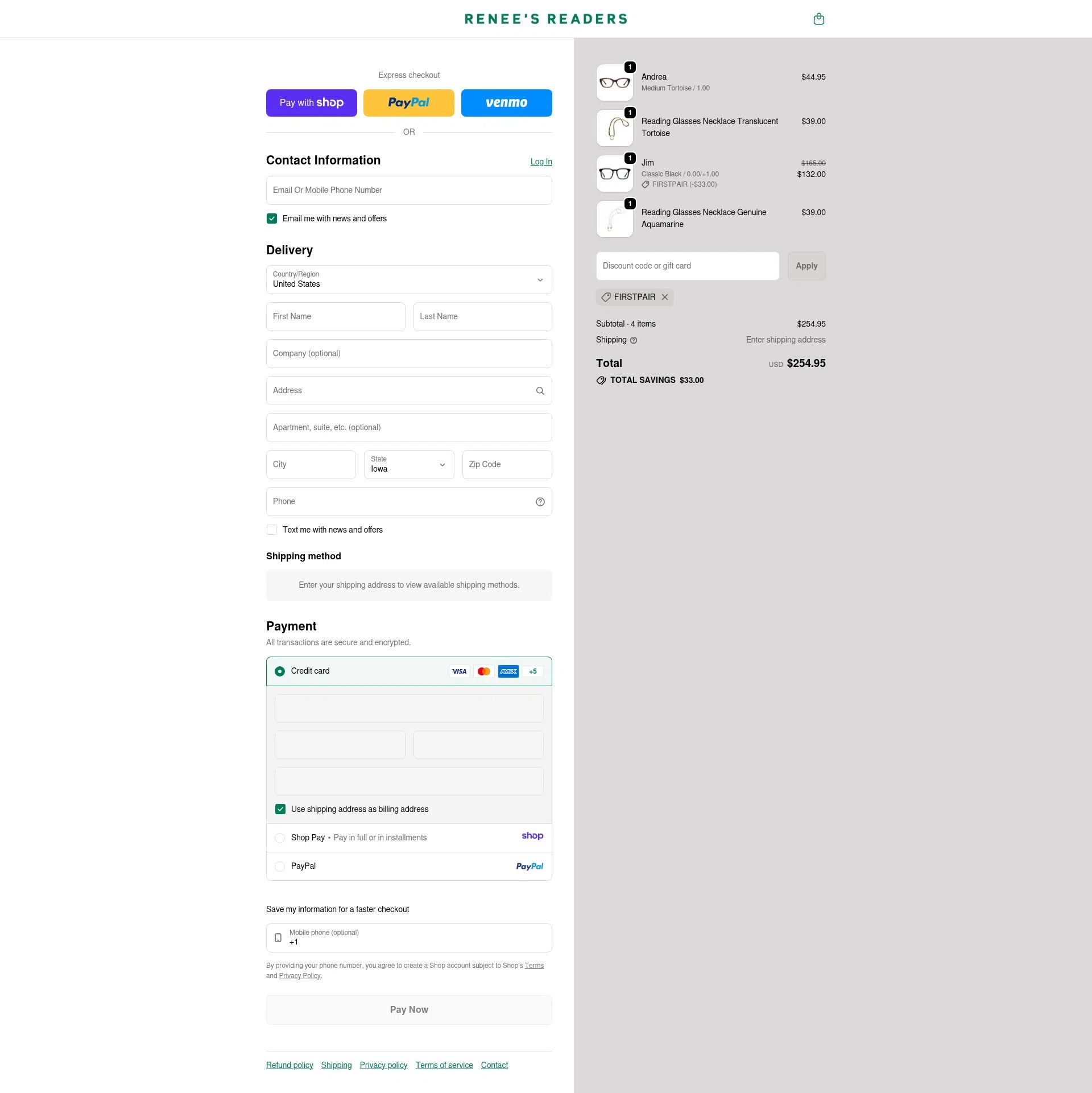 Renee's Readers checkout page showing Renee's Readers promo code box | Screenshot taken by SimplyCodes community member on Jan 10, 2026