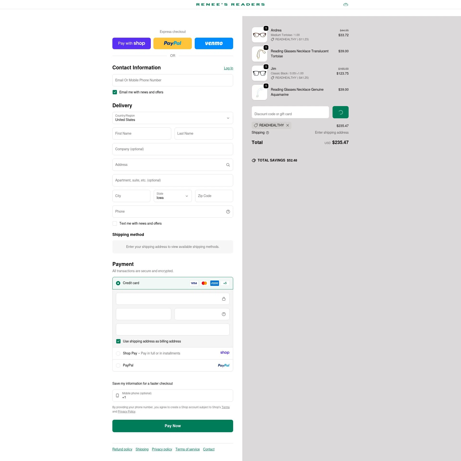 Renee's Readers checkout page showing Renee's Readers promo code box | Screenshot taken by SimplyCodes community member on Jan 10, 2026