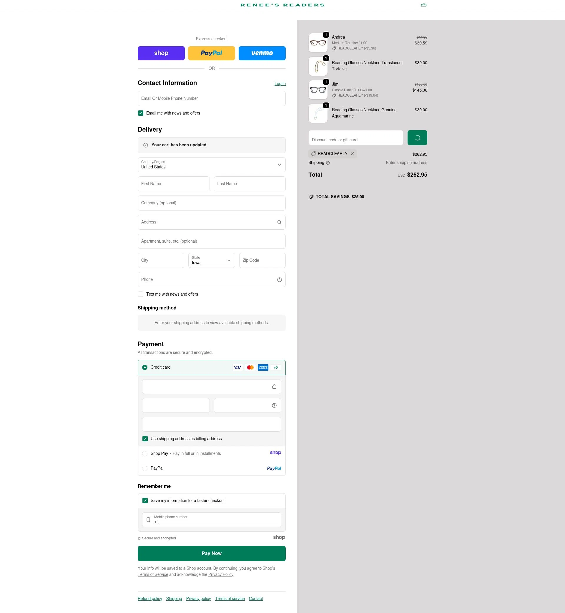Renee's Readers checkout page showing Renee's Readers promo code box | Screenshot taken by SimplyCodes community member on Jan 5, 2026