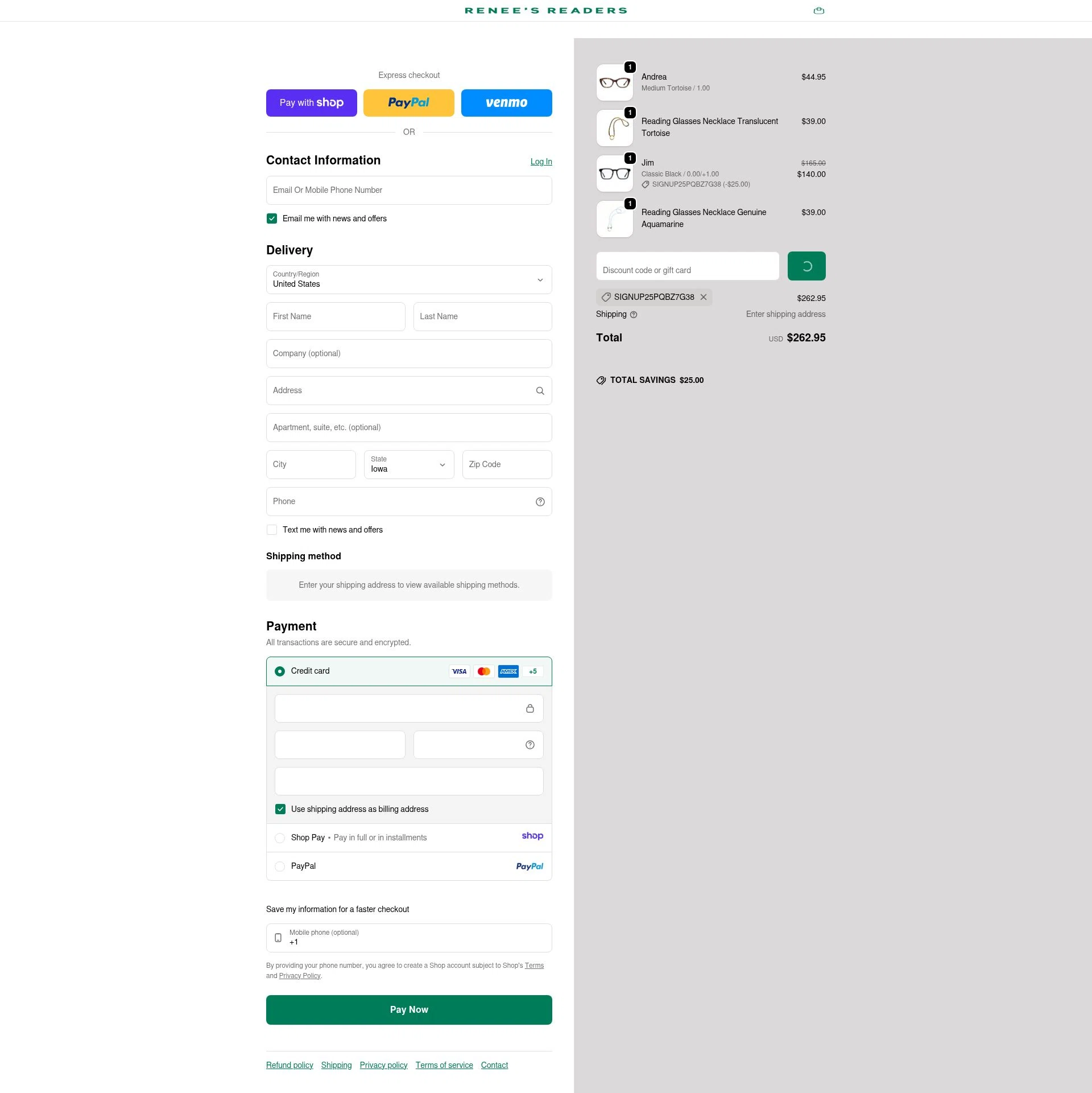 Renee's Readers checkout page showing Renee's Readers promo code box | Screenshot taken by SimplyCodes community member on Jan 10, 2026
