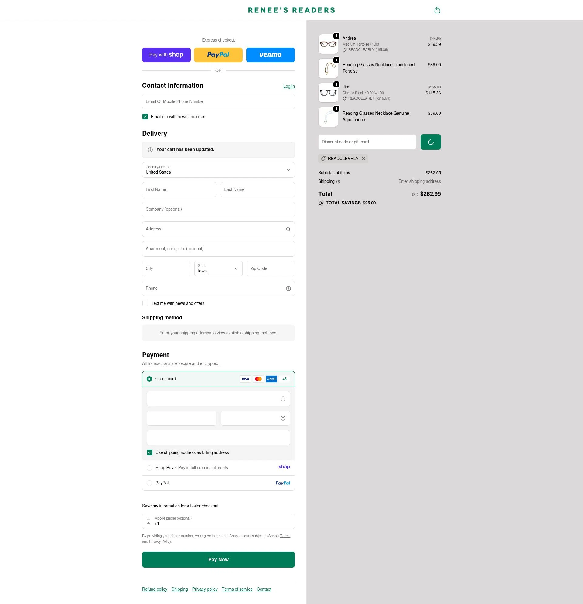 Renee's Readers checkout page showing Renee's Readers promo code box | Screenshot taken by SimplyCodes community member on Jan 10, 2026