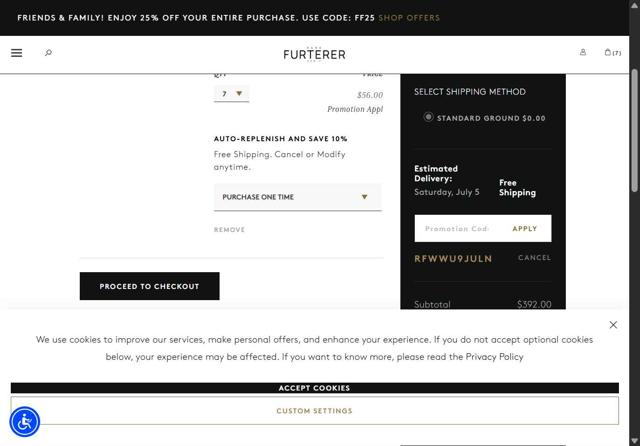 Rene Furterer checkout page showing Rene Furterer promo code box | Screenshot taken by SimplyCodes community member on Jun 29, 2025