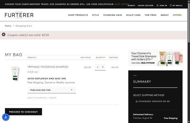 Rene Furterer checkout page showing Rene Furterer promo code box | Screenshot taken by SimplyCodes community member on Aug 19, 2025