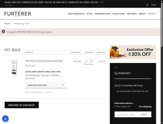 Rene Furterer checkout page showing Rene Furterer promo code box | Screenshot taken by SimplyCodes community member on Aug 26, 2025