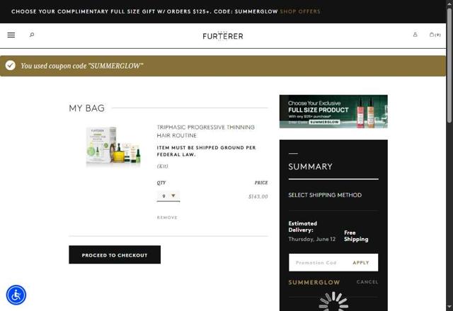 Rene Furterer checkout page showing Rene Furterer promo code box | Screenshot taken by SimplyCodes community member on Jun 5, 2025