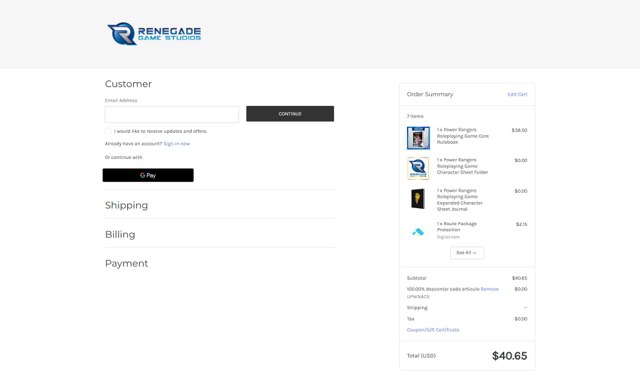 Renegade Game Studios checkout page showing Renegade Game Studios discount code box | Screenshot taken by SimplyCodes community member on Sep 7, 2025