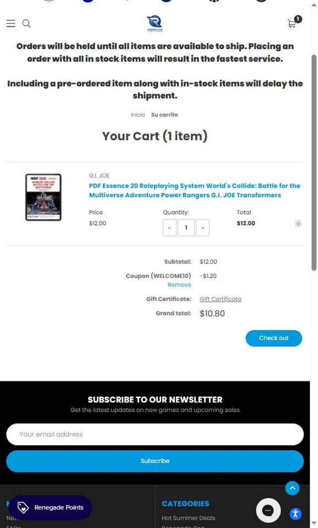 Renegade Game Studios checkout page showing Renegade Game Studios discount code box | Screenshot taken by SimplyCodes community member on Jul 22, 2025