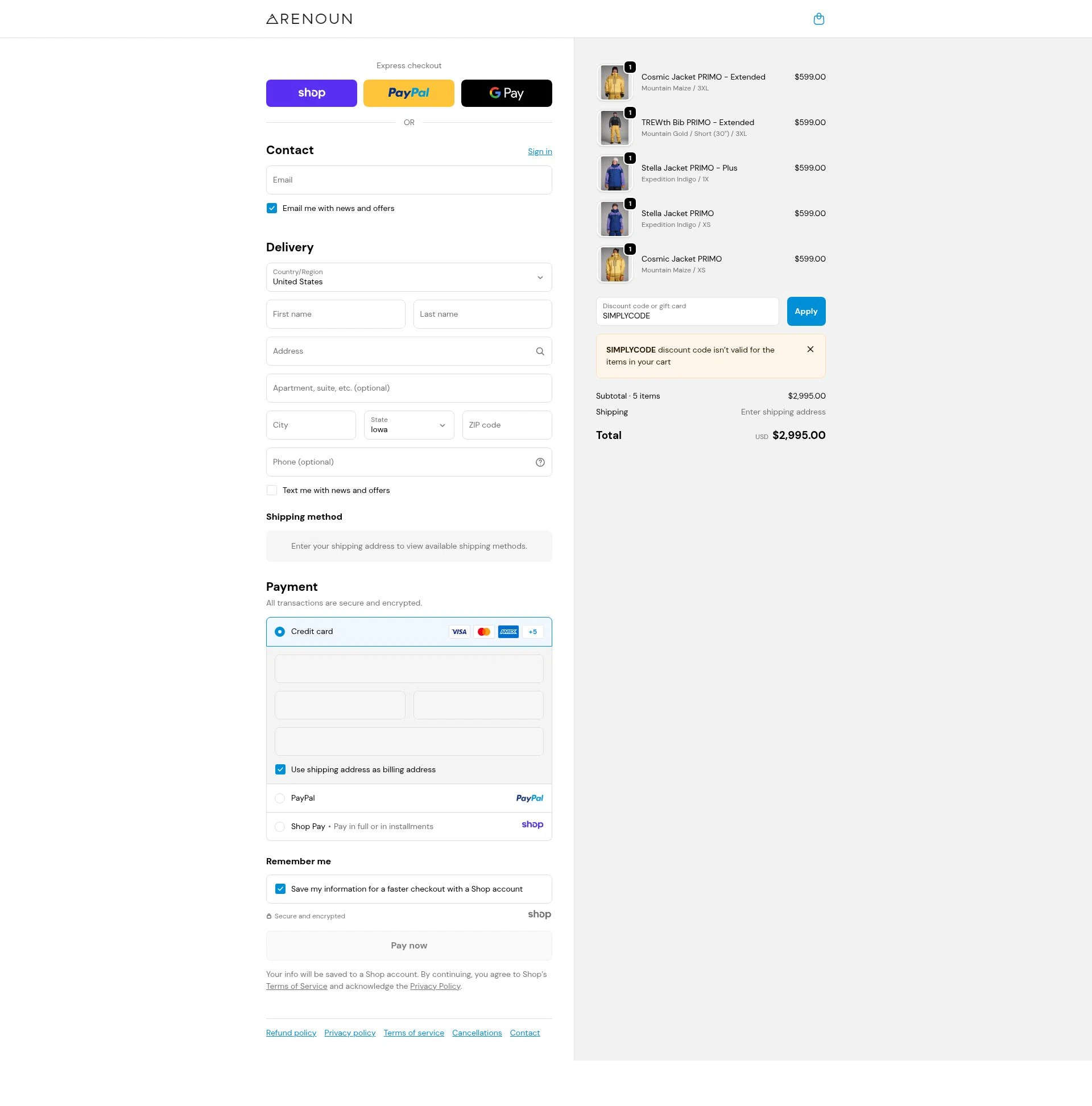 Renoun checkout page showing Renoun promo code box | Screenshot taken by SimplyCodes community member on Dec 5, 2025