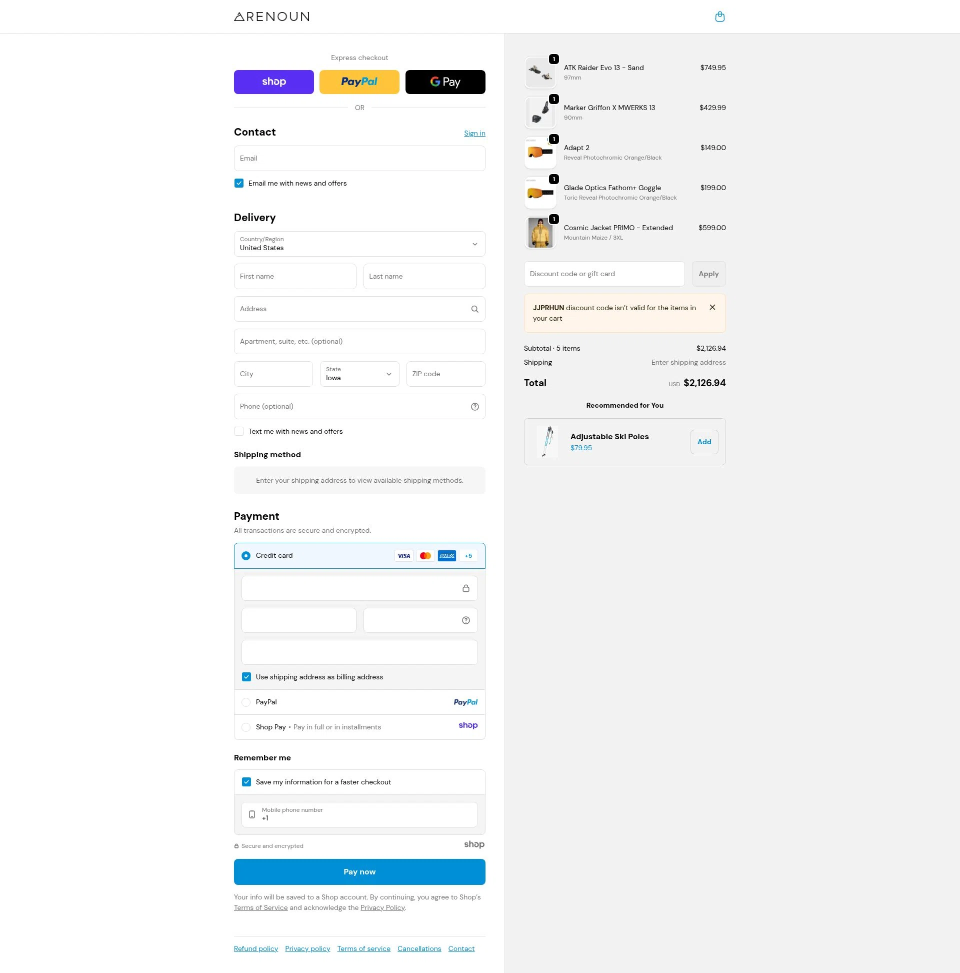 Renoun checkout page showing Renoun promo code box | Screenshot taken by SimplyCodes community member on Dec 16, 2025
