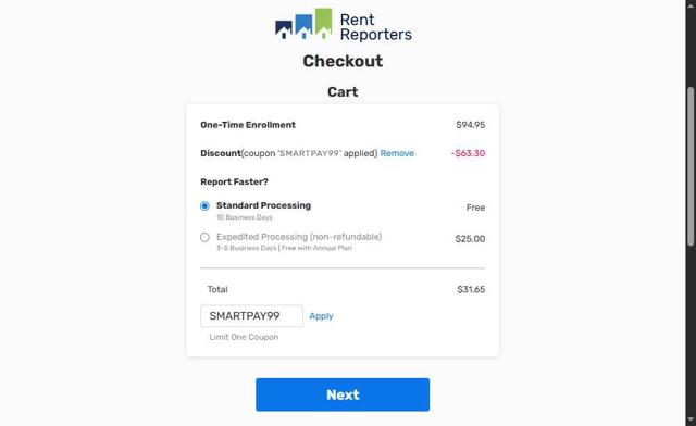 RentReporters checkout page showing RentReporters promo code box | Screenshot taken by SimplyCodes community member on Aug 31, 2025