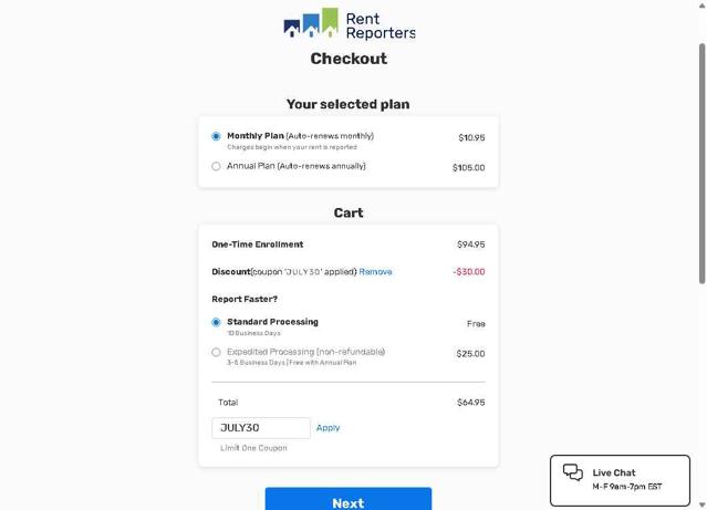 RentReporters checkout page showing RentReporters promo code box | Screenshot taken by SimplyCodes community member on Jul 1, 2025