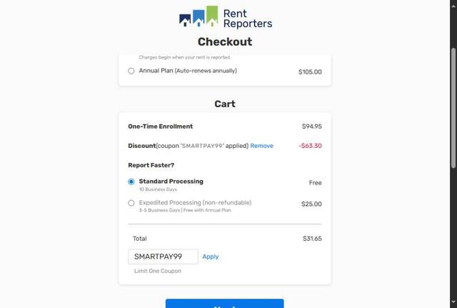 RentReporters checkout page showing RentReporters promo code box | Screenshot taken by SimplyCodes community member on Aug 2, 2025