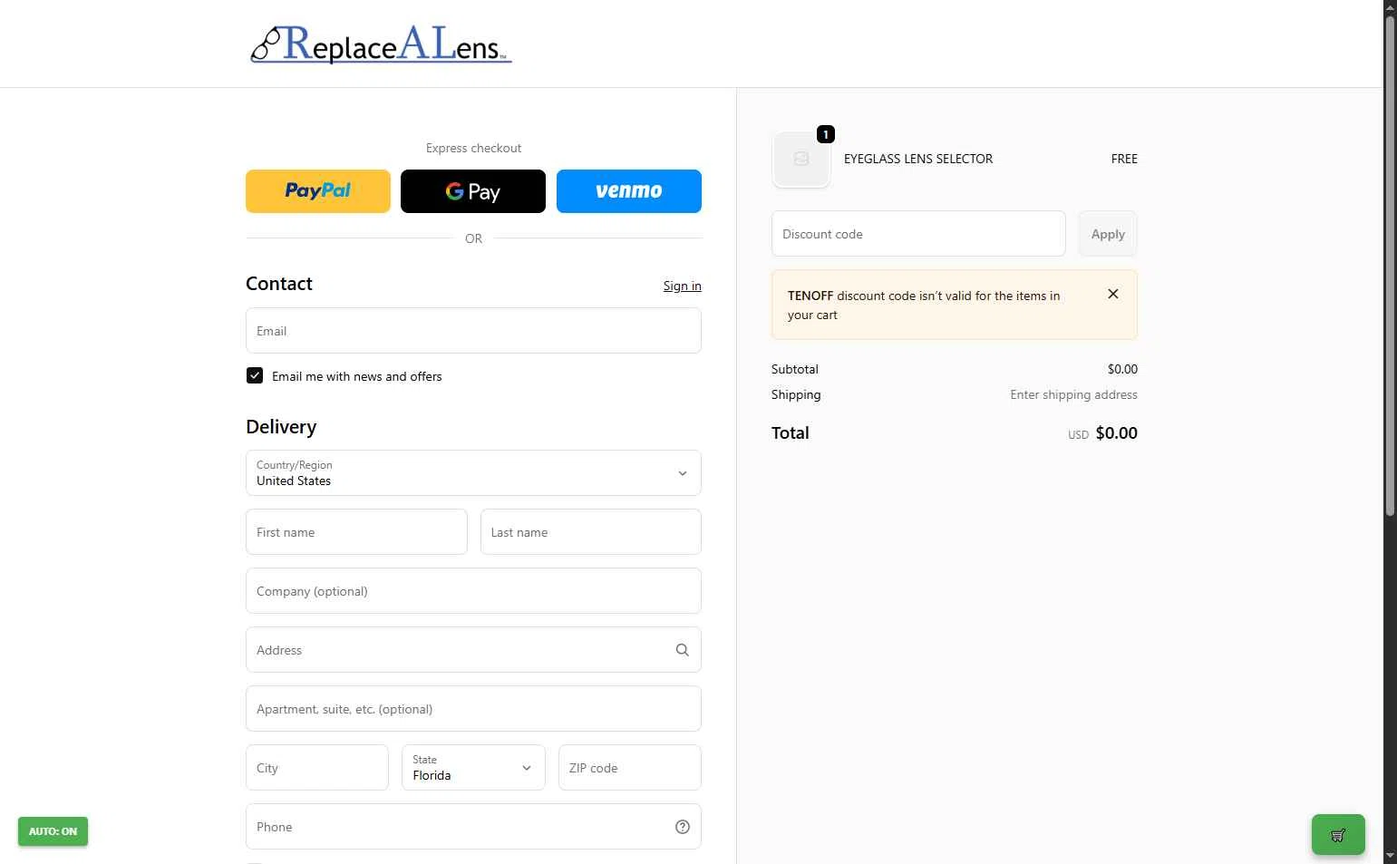 ReplaceALens checkout page showing ReplaceALens promo code box | Screenshot taken by SimplyCodes community member on Jan 2, 2026