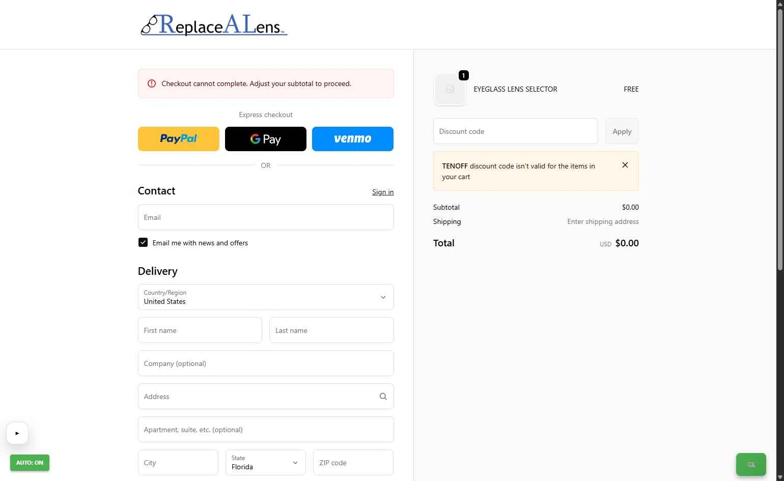 ReplaceALens checkout page showing ReplaceALens promo code box | Screenshot taken by SimplyCodes community member on Feb 9, 2026