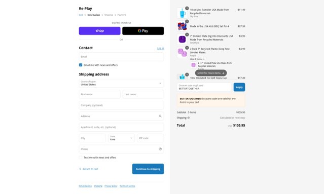 Re Play checkout page showing Re Play discount code box | Screenshot taken by SimplyCodes community member on Sep 4, 2025
