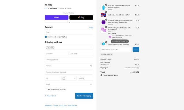 Re Play checkout page showing Re Play discount code box | Screenshot taken by SimplyCodes community member on Sep 4, 2025
