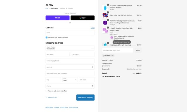 Re Play checkout page showing Re Play discount code box | Screenshot taken by SimplyCodes community member on Sep 4, 2025