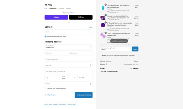 Re Play checkout page showing Re Play discount code box | Screenshot taken by SimplyCodes community member on Aug 31, 2025