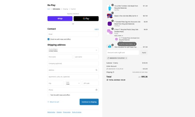 Re Play checkout page showing Re Play discount code box | Screenshot taken by SimplyCodes community member on Sep 4, 2025