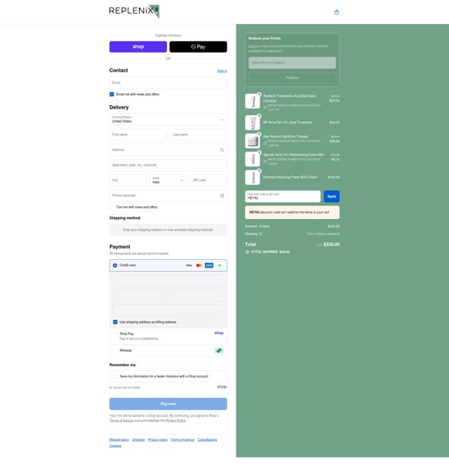 Replenix checkout page showing Replenix promo code box | Screenshot taken by SimplyCodes community member on Sep 11, 2025