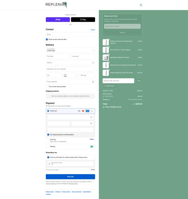 Replenix checkout page showing Replenix promo code box | Screenshot taken by SimplyCodes community member on Sep 11, 2025