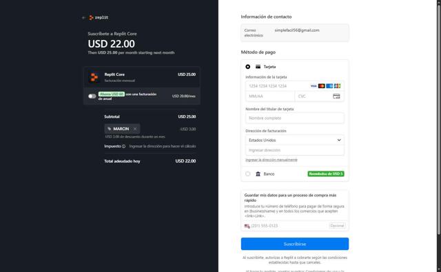 Replit checkout page showing Replit promo code box | Screenshot taken by SimplyCodes community member on Aug 31, 2025