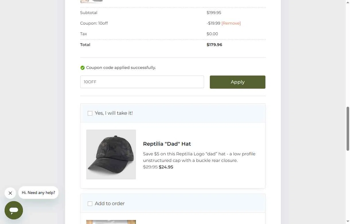 Reptilia checkout page showing Reptilia promo code box | Screenshot taken by SimplyCodes community member on Jan 15, 2026