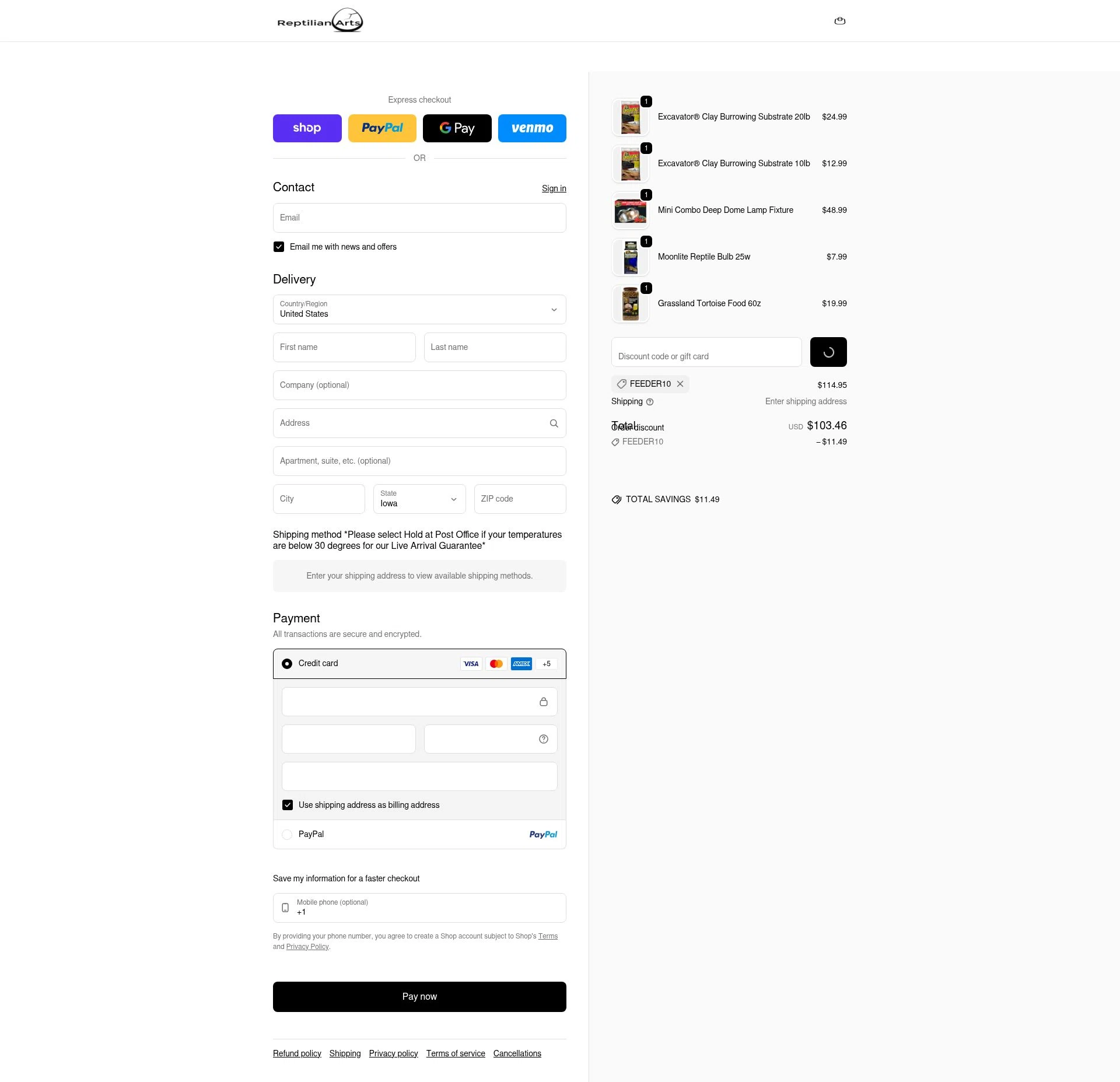 Reptilian Arts checkout page showing Reptilian Arts discount code box | Screenshot taken by SimplyCodes community member on Feb 1, 2026