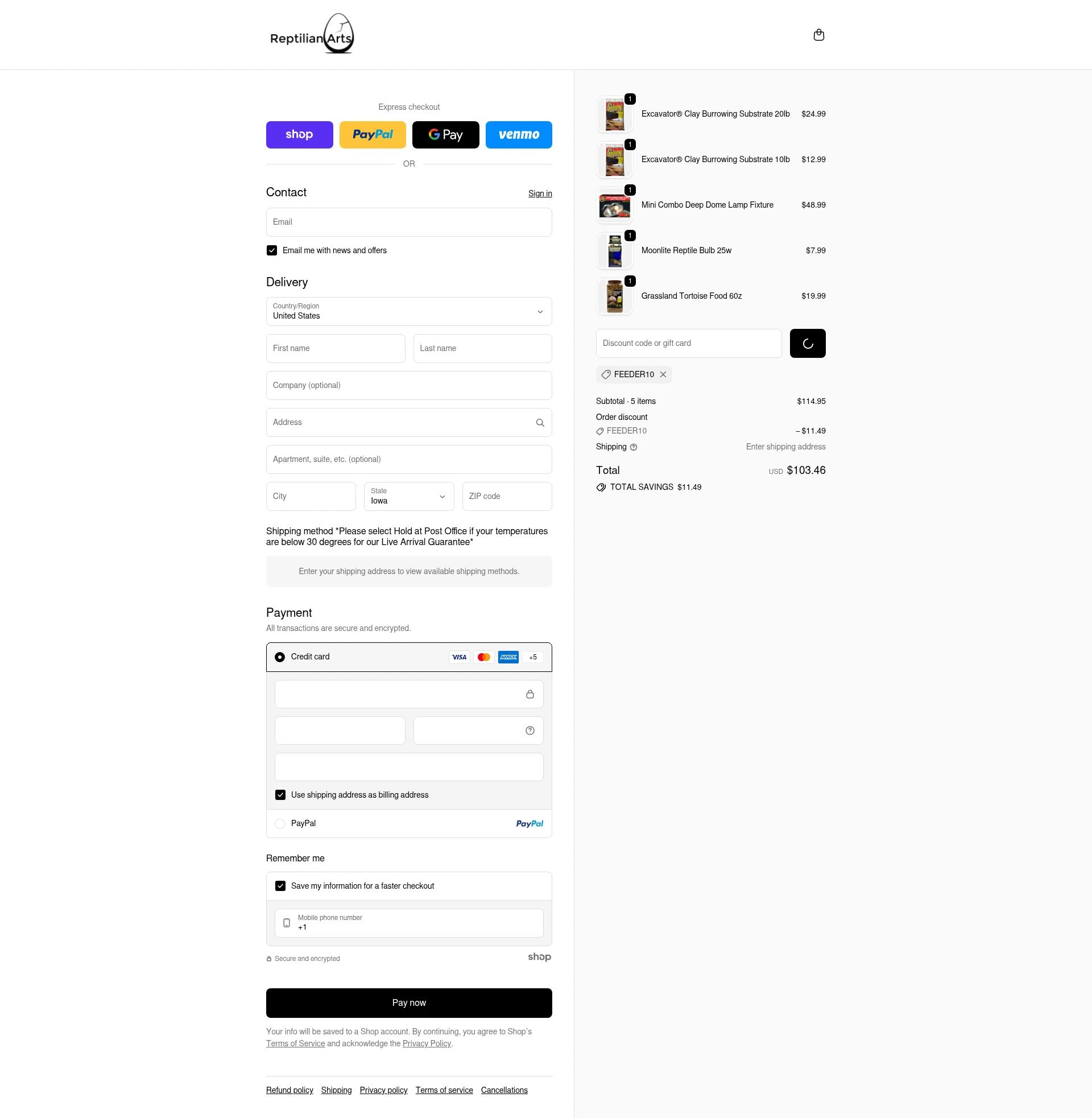 Reptilian Arts checkout page showing Reptilian Arts discount code box | Screenshot taken by SimplyCodes community member on Jan 28, 2026