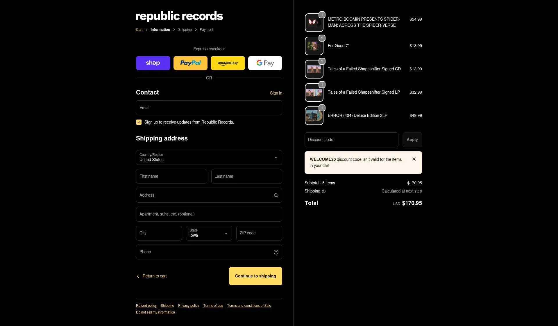 Republic Records checkout page showing Republic Records discount code box | Screenshot taken by SimplyCodes community member on Feb 2, 2026