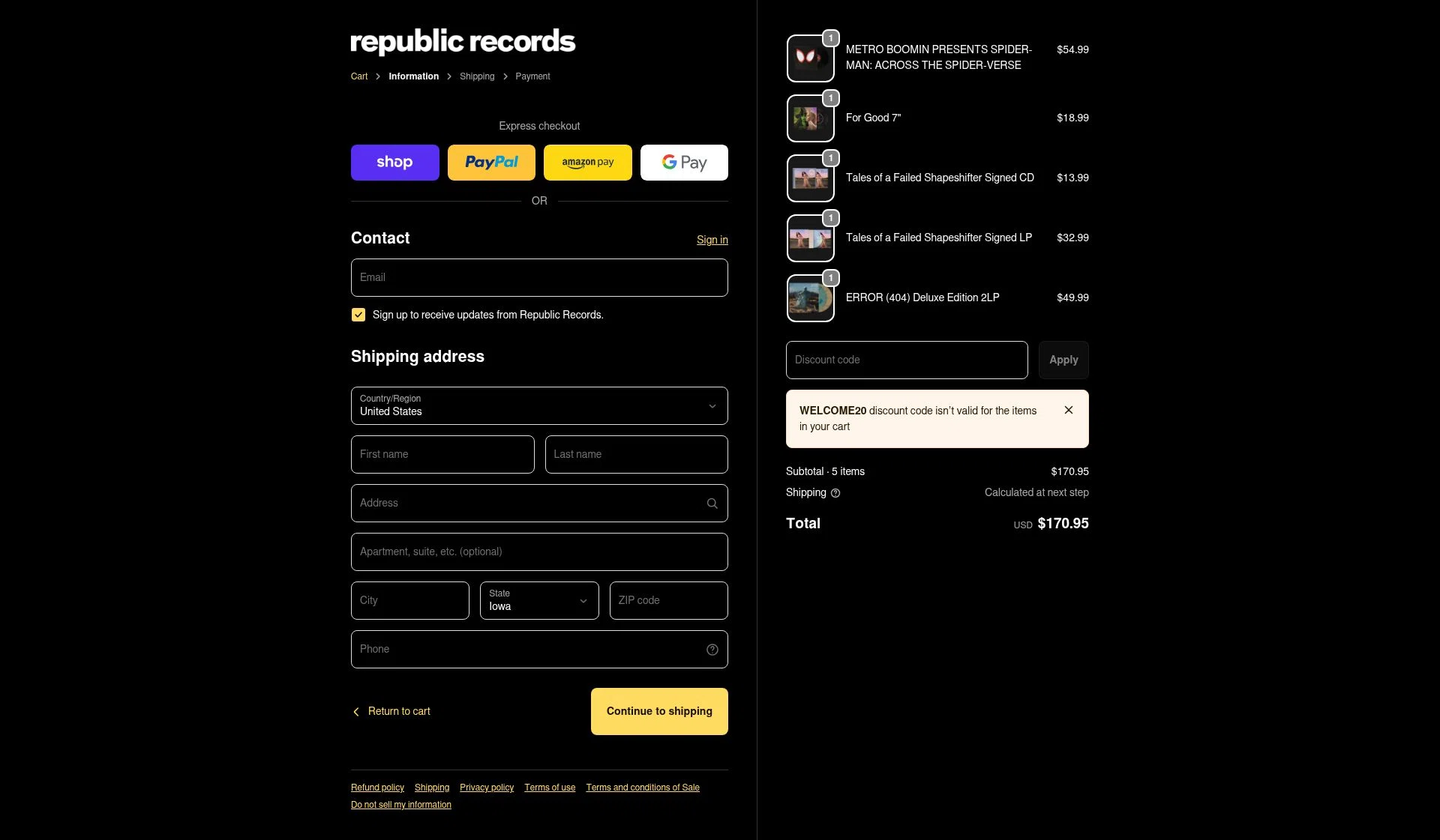 Republic Records checkout page showing Republic Records discount code box | Screenshot taken by SimplyCodes community member on Feb 19, 2026