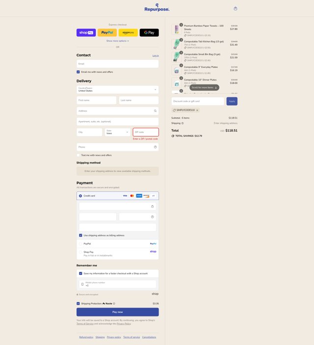Repurpose checkout page showing Repurpose coupon code box | Screenshot taken by SimplyCodes community member on Aug 27, 2025