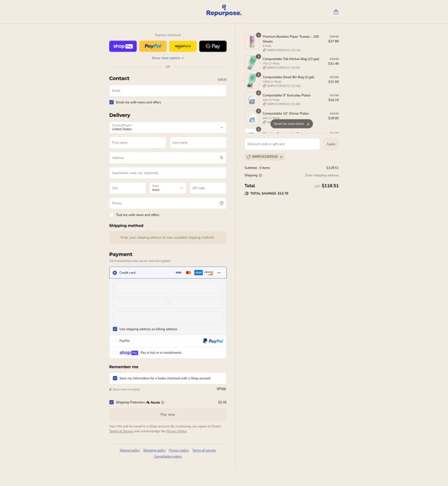 Repurpose checkout page showing Repurpose coupon code box | Screenshot taken by SimplyCodes community member on Jul 23, 2025