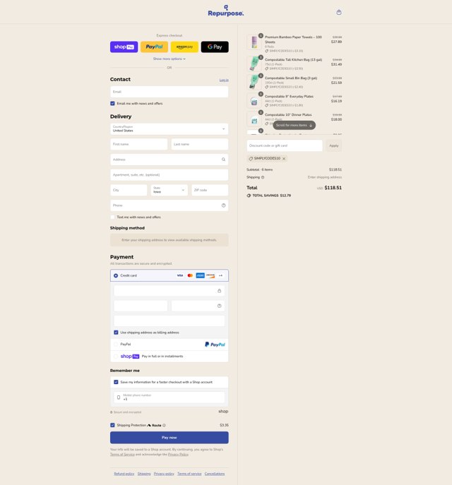 Repurpose checkout page showing Repurpose coupon code box | Screenshot taken by SimplyCodes community member on Jul 27, 2025