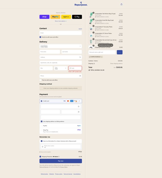 Repurpose checkout page showing Repurpose coupon code box | Screenshot taken by SimplyCodes community member on Aug 31, 2025