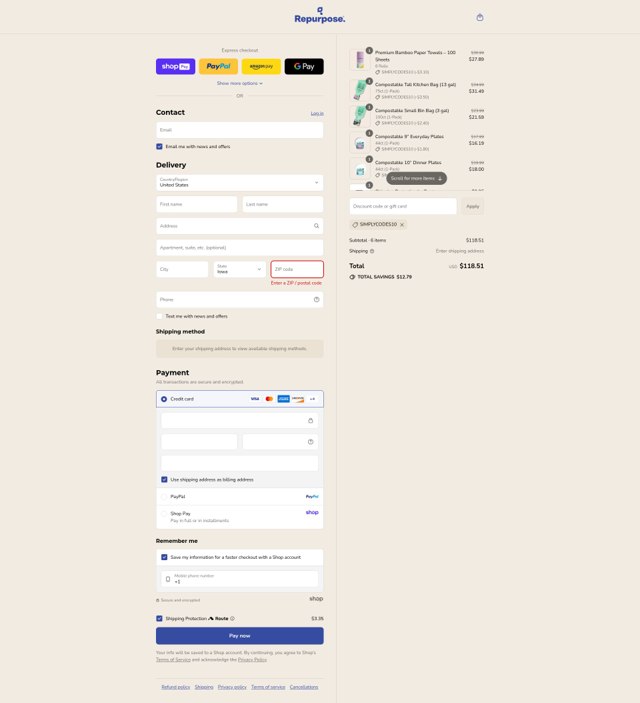 Repurpose checkout page showing Repurpose coupon code box | Screenshot taken by SimplyCodes community member on Aug 17, 2025