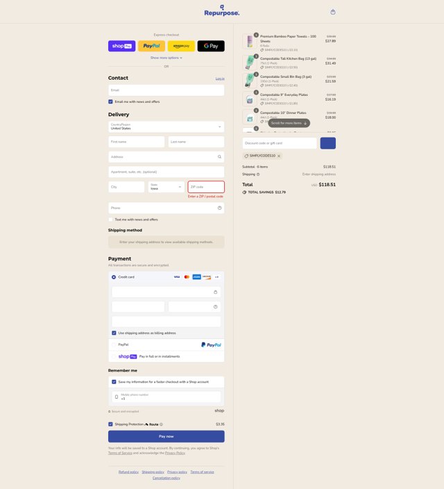 Repurpose checkout page showing Repurpose coupon code box | Screenshot taken by SimplyCodes community member on Jul 19, 2025